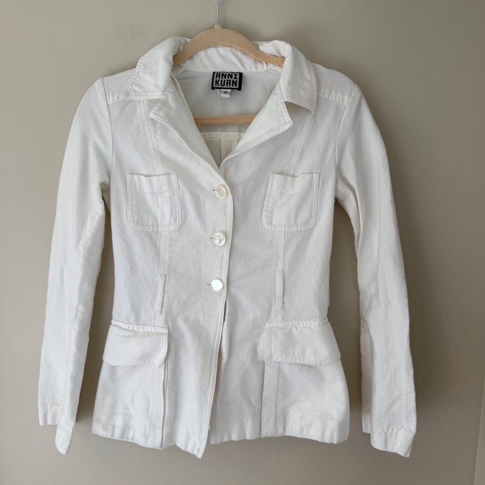 Anni Kuan White Cotton Twill Utility Blazer Jacket Size P Made‎ in NYC